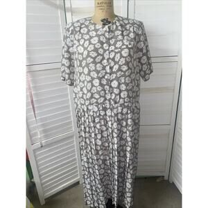 Orvis 90s VINTAGE RAYON Shift Shirt Dress Khaki Tan White Floral Pleated X-Large